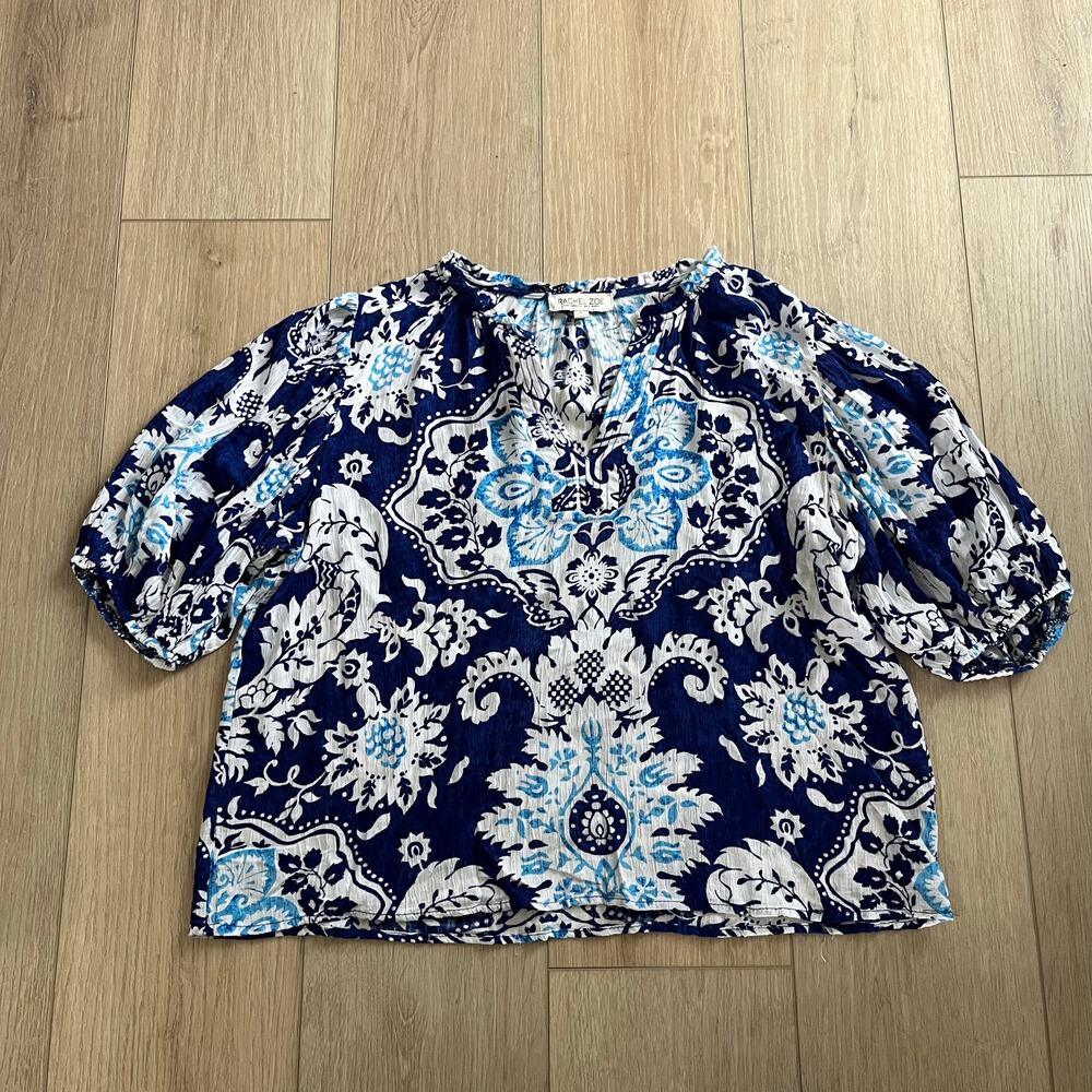 Rachel Zoe Women's Blue Floral Short Sleeve Crop Blouse Size Large